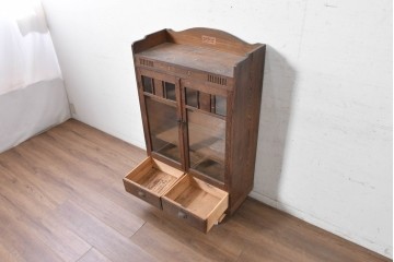和製アンティーク　大正から昭和初期　象嵌装飾をあしらったガラス扉の本箱　(R-091235)