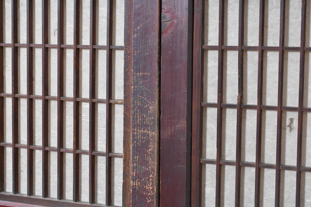 アンティーク建具　明治から大正期　赤みを帯びた木枠が味わい深い障子帯戸4枚セット　(R-091267)