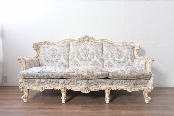 中古　イタリア高級家具　ロココ調　SILIK(シリック)　花柄の張地と華麗な彫刻が映える3人掛けソファ　(R-091268)