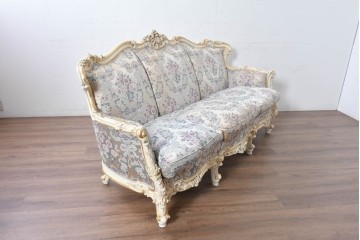 中古　イタリア高級家具　ロココ調　SILIK(シリック)　花柄の張地と華麗な彫刻が映える3人掛けソファ　(R-091268)