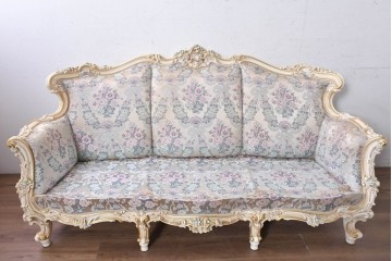 中古　イタリア高級家具　ロココ調　SILIK(シリック)　花柄の張地と華麗な彫刻が映える3人掛けソファ　(R-091268)