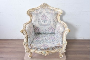 中古　イタリア高級家具　ロココ調　SILIK(シリック)　花柄の張地とゴールドカラーの彫刻装飾が華やかな1人掛けソファ　(R-091269)