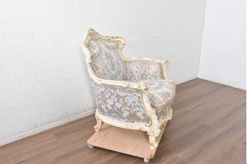 中古　イタリア高級家具　ロココ調　SILIK(シリック)　花柄の張地とゴールドカラーの彫刻装飾が華やかな1人掛けソファ　(R-091270)