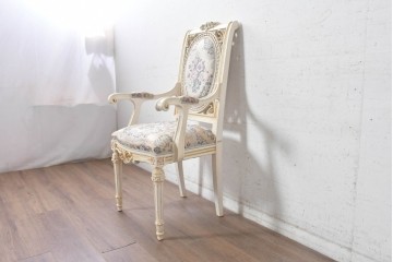 中古　イタリア高級家具　SILIK(シリック)　花柄ファブリックと彫刻装飾のアームチェア　※傷み有り　(R-091271)