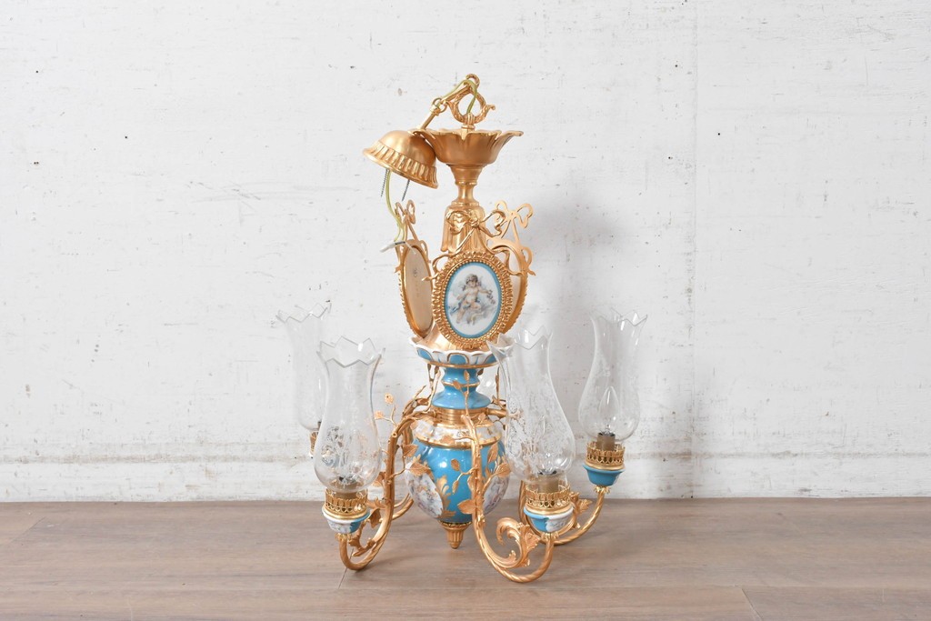 中古　イタリア製　F.B.A.I.(Fonderia Bronzi Artistici Italia)　Tiche(ティケ)　天使絵とブルー・ゴールドの装飾を備えた6灯シャンデリア　定価推定約160万円　(R-091272)