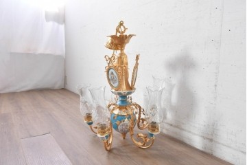 中古　イタリア製　F.B.A.I.(Fonderia Bronzi Artistici Italia)　Tiche(ティケ)　天使絵とブルー・ゴールドの装飾を備えた6灯シャンデリア　定価推定約160万円　(R-091272)