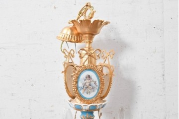中古　イタリア製　F.B.A.I.(Fonderia Bronzi Artistici Italia)　Tiche(ティケ)　天使絵とブルー・ゴールドの装飾を備えた6灯シャンデリア　定価推定約160万円　(R-091272)
