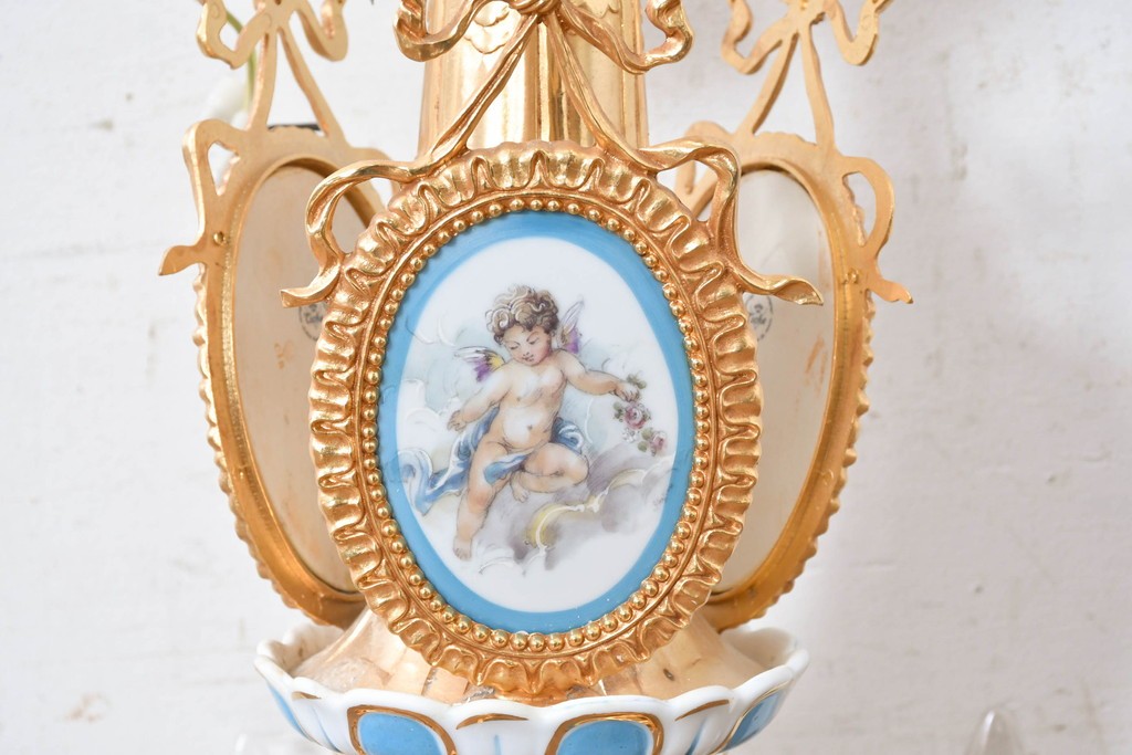 中古　イタリア製　F.B.A.I.(Fonderia Bronzi Artistici Italia)　Tiche(ティケ)　天使絵とブルー・ゴールドの装飾を備えた6灯シャンデリア　定価推定約160万円　(R-091272)