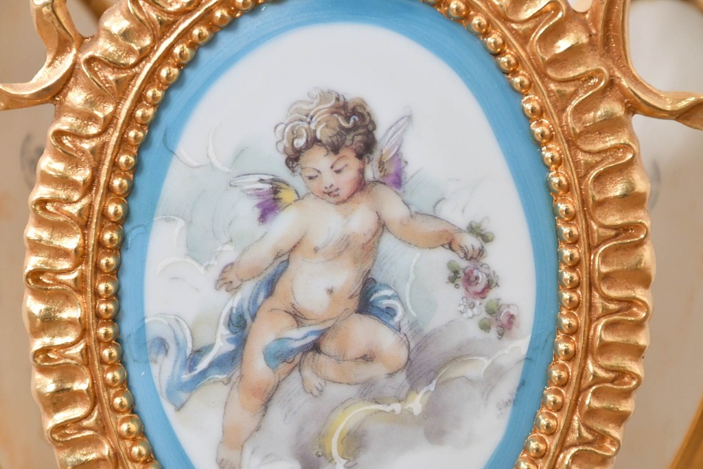 中古　イタリア製　F.B.A.I.(Fonderia Bronzi Artistici Italia)　Tiche(ティケ)　天使絵とブルー・ゴールドの装飾を備えた6灯シャンデリア　定価推定約160万円　(R-091272)