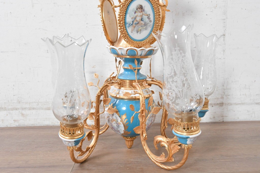 中古　イタリア製　F.B.A.I.(Fonderia Bronzi Artistici Italia)　Tiche(ティケ)　天使絵とブルー・ゴールドの装飾を備えた6灯シャンデリア　定価推定約160万円　(R-091272)
