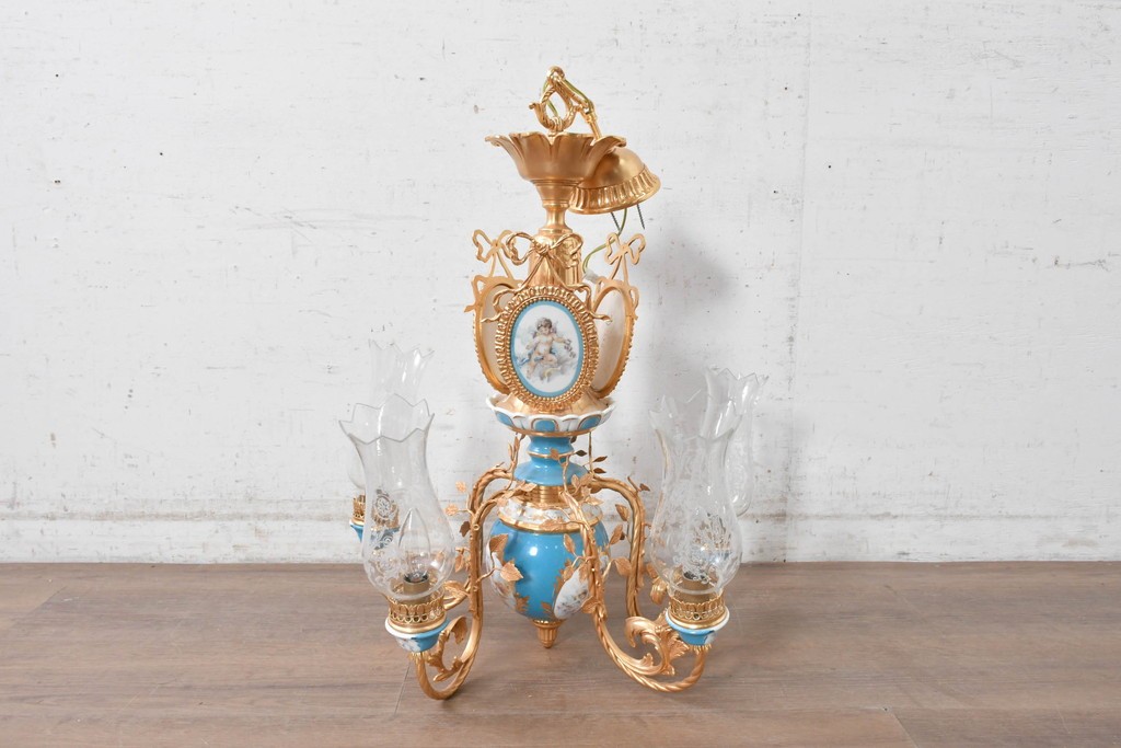 中古　イタリア製　F.B.A.I.(Fonderia Bronzi Artistici Italia)　Tiche(ティケ)　天使絵とブルー・ゴールドの装飾を備えた6灯シャンデリア　定価推定約160万円　(R-091272)