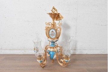 中古　イタリア製　F.B.A.I.(Fonderia Bronzi Artistici Italia)　Tiche(ティケ)　天使絵とブルー・ゴールドの装飾を備えた6灯シャンデリア　定価推定約160万円　(R-091272)