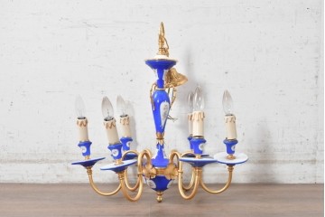 中古　イタリア製　F.B.A.I.(Fonderia Bronzi Artistici Italia)　鮮やかなブルーと華麗な花模様が目を引く6灯シャンデリア　定価推定約100万円〜125万円前後　(R-091273)