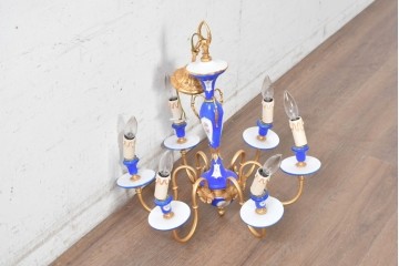 中古　イタリア製　F.B.A.I.(Fonderia Bronzi Artistici Italia)　鮮やかなブルーと華麗な花模様が目を引く6灯シャンデリア　定価推定約100万円〜125万円前後　(R-091273)