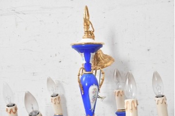 中古　イタリア製　F.B.A.I.(Fonderia Bronzi Artistici Italia)　鮮やかなブルーと華麗な花模様が目を引く6灯シャンデリア　定価推定約100万円〜125万円前後　(R-091273)
