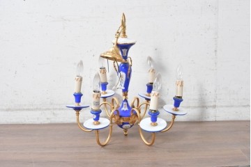 中古　イタリア製　F.B.A.I.(Fonderia Bronzi Artistici Italia)　鮮やかなブルーと華麗な花模様が目を引く6灯シャンデリア　定価推定約100万円〜125万円前後　(R-091273)