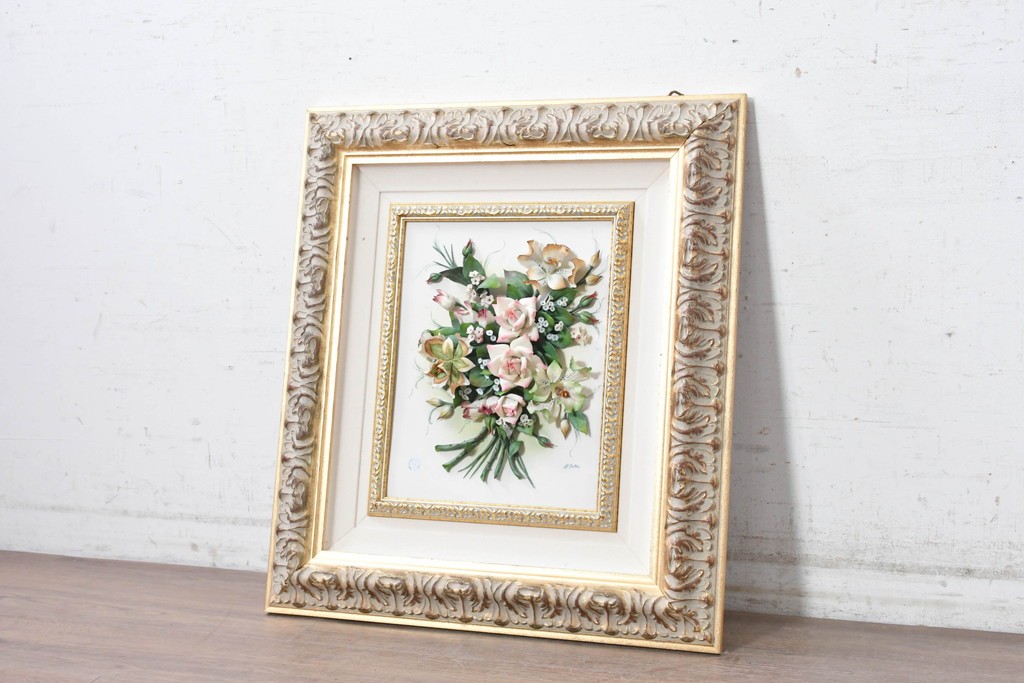 中古　美品　イタリア製　カポディモンテ(CAPODIMONTE)　半立体の陶花が美しい壁掛け額装レリーフ　(R-091283)