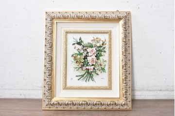 中古　美品　イタリア製　カポディモンテ(CAPODIMONTE)　半立体の陶花が美しい壁掛け額装レリーフ　(R-091283)
