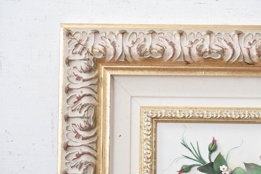 中古　美品　イタリア製　カポディモンテ(CAPODIMONTE)　半立体の陶花が美しい壁掛け額装レリーフ　(R-091283)