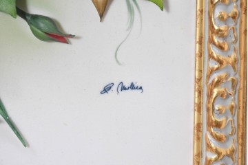 中古　美品　イタリア製　カポディモンテ(CAPODIMONTE)　半立体の陶花が美しい壁掛け額装レリーフ　(R-091283)