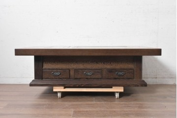 和製ヴィンテージ　鉄刀木(タガヤサン)　内部銅製　関西火鉢　美しい木目を楽しむ囲炉裏テーブル　(R-091289)