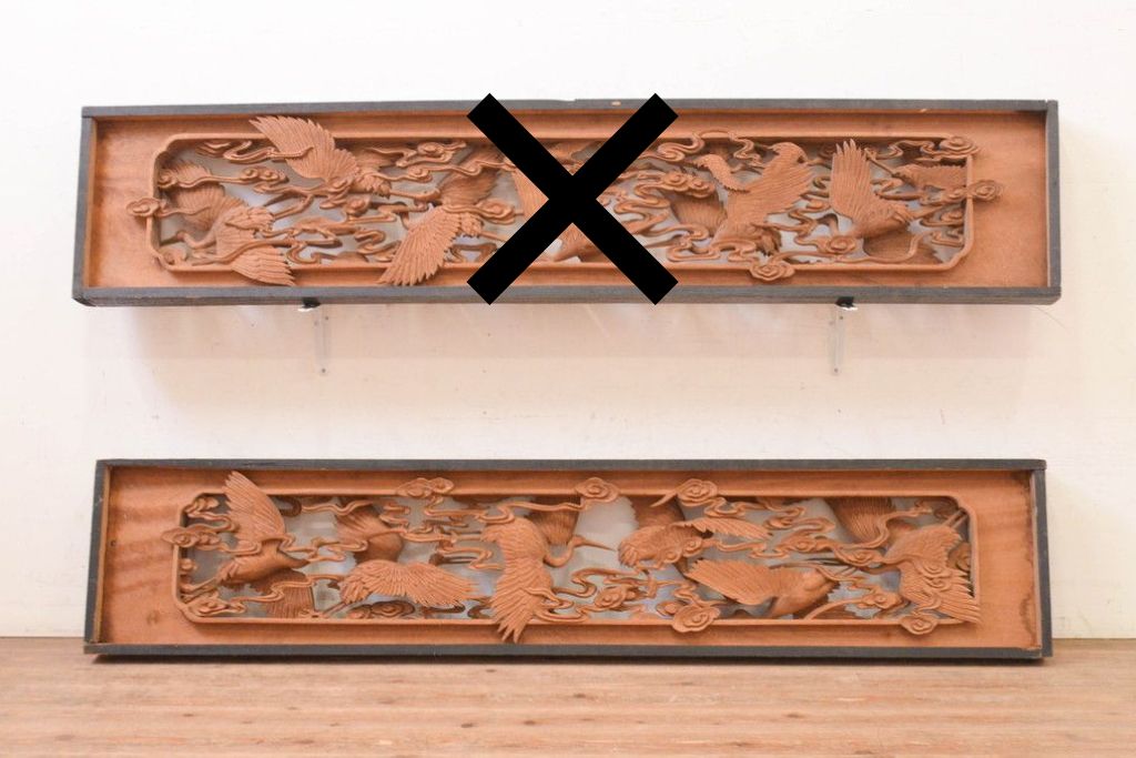 ヴィンテージ建具　昭和中期　井波彫刻　慶一作　千羽鶴の意匠が目を惹く両面彫刻欄間1枚　(R-091327)