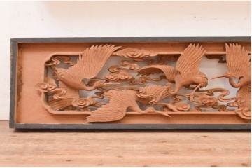 ヴィンテージ建具　昭和中期　井波彫刻　慶一作　千羽鶴の意匠が目を惹く両面彫刻欄間1枚　(R-091327)