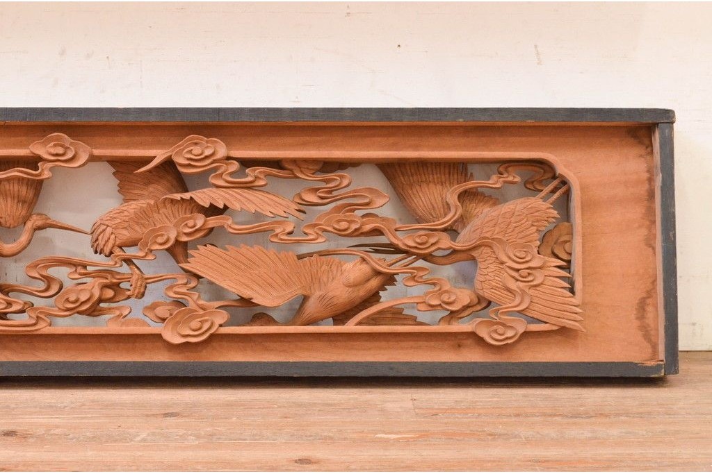 ヴィンテージ建具　昭和中期　井波彫刻　慶一作　千羽鶴の意匠が目を惹く両面彫刻欄間1枚　(R-091327)