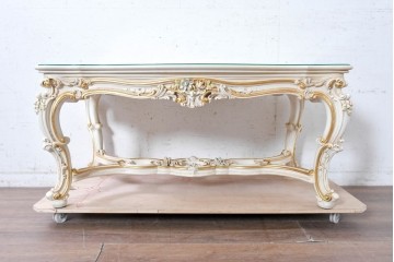 中古　美品　イタリア高級家具　SILIK(シリック)　花モチーフの装飾とゴールドの縁取りが美しいセンターテーブル　(R-091352)