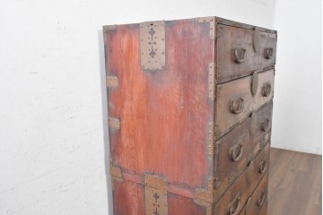 和製アンティーク　明治期から大正期　上手物　前面(欅材)　作りの良い六丁引きの2段重ね箪笥　(R-091357)