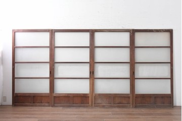 ヴィンテージ建具　昭和中期　横桟のすっきりとしたガラス戸4枚セット　(R-091381)
