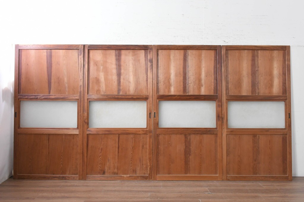アンティーク建具　昭和初期　木味を楽しむガラス帯戸4枚セット　(R-091383)