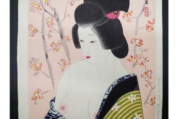 真作　昭和56年3月作　神保朋世　「あたたか」　可憐な梅花と女性を描いた木版画　(R-091392)