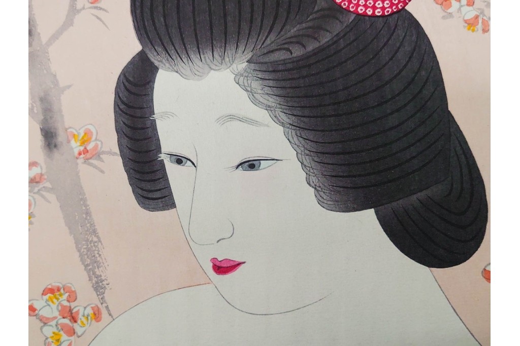 真作　昭和56年3月作　神保朋世　「あたたか」　可憐な梅花と女性を描いた木版画　(R-091392)
