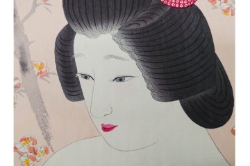 真作　昭和56年3月作　神保朋世　「あたたか」　可憐な梅花と女性を描いた木版画　(R-091392)