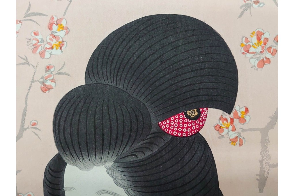 真作　昭和56年3月作　神保朋世　「あたたか」　可憐な梅花と女性を描いた木版画　(R-091392)