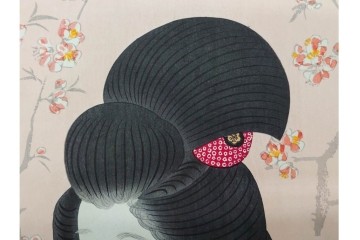 真作　昭和56年3月作　神保朋世　「あたたか」　可憐な梅花と女性を描いた木版画　(R-091392)