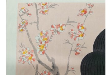 真作　昭和56年3月作　神保朋世　「あたたか」　可憐な梅花と女性を描いた木版画　(R-091392)