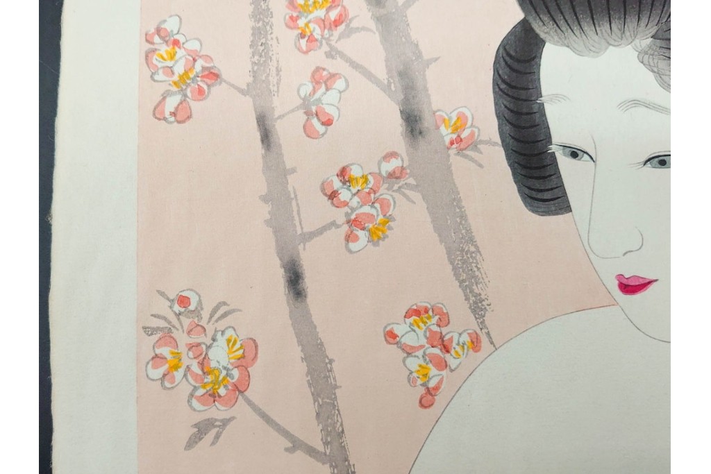 真作　昭和56年3月作　神保朋世　「あたたか」　可憐な梅花と女性を描いた木版画　(R-091392)