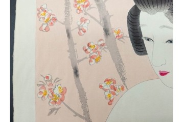 真作　昭和56年3月作　神保朋世　「あたたか」　可憐な梅花と女性を描いた木版画　(R-091392)