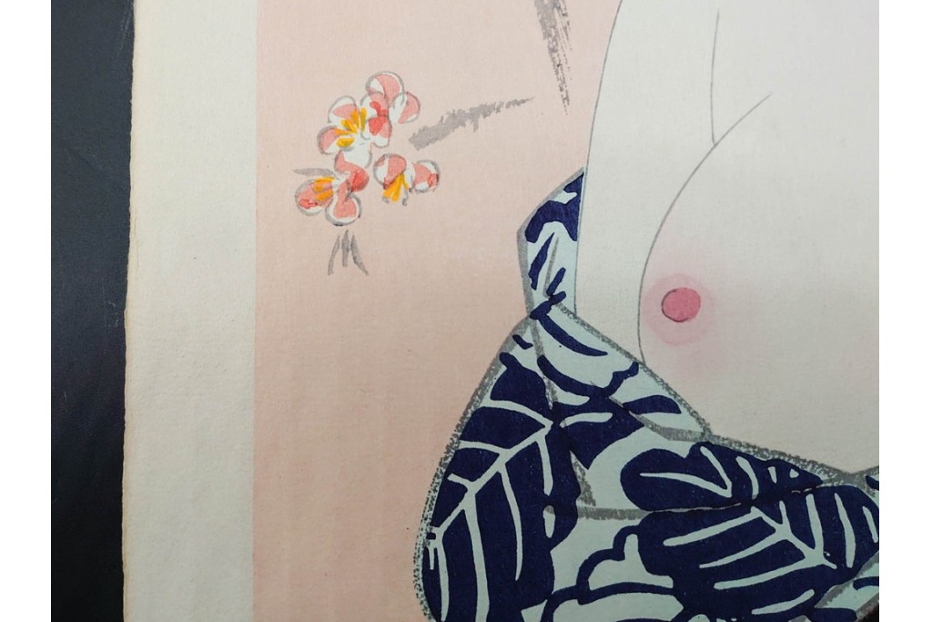 真作　昭和56年3月作　神保朋世　「あたたか」　可憐な梅花と女性を描いた木版画　(R-091392)