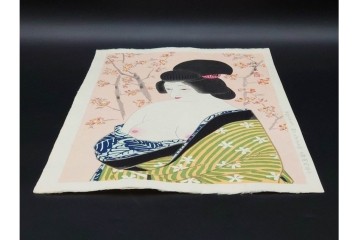 真作　昭和56年3月作　神保朋世　「あたたか」　可憐な梅花と女性を描いた木版画　(R-091392)