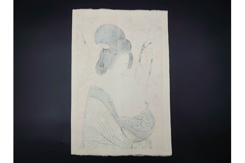 真作　昭和56年3月作　神保朋世　「あたたか」　可憐な梅花と女性を描いた木版画　(R-091392)