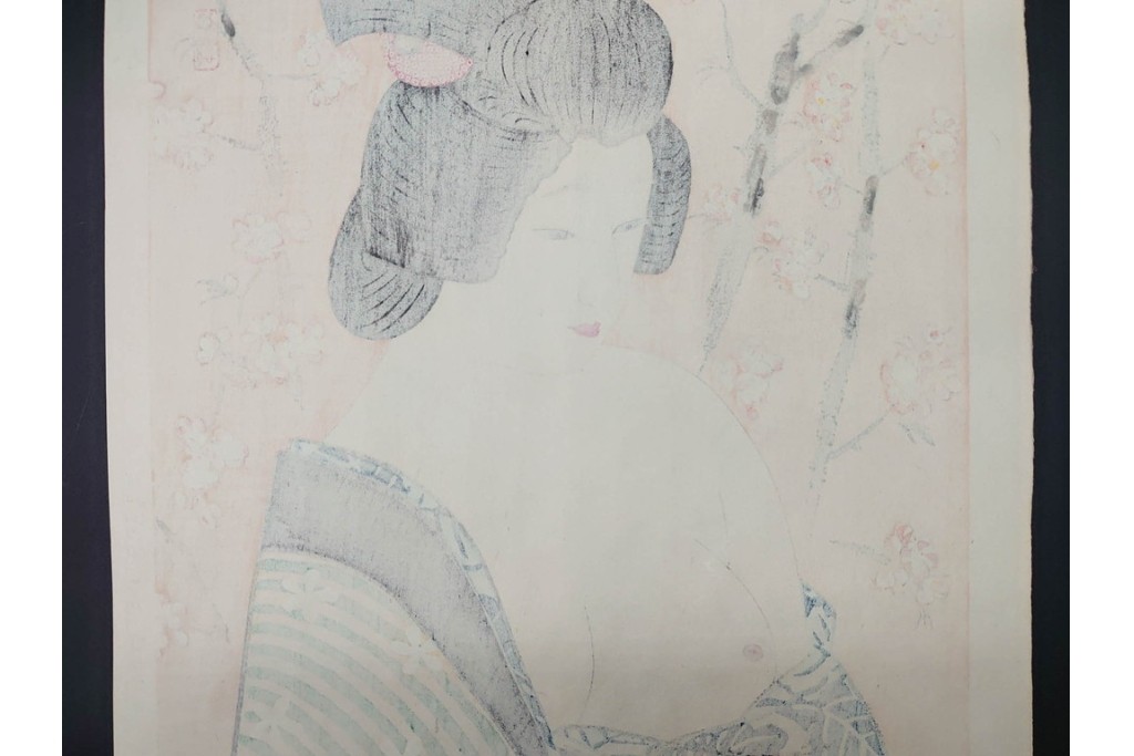 真作　昭和56年3月作　神保朋世　「あたたか」　可憐な梅花と女性を描いた木版画　(R-091392)