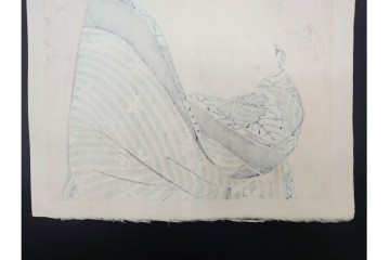 真作　昭和56年3月作　神保朋世　「あたたか」　可憐な梅花と女性を描いた木版画　(R-091392)