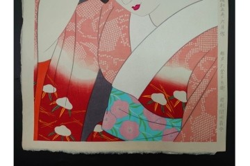 真作　昭和55年6月作　神保朋世　「静夜」　うつむく女性を描いた木版画　(R-091393)