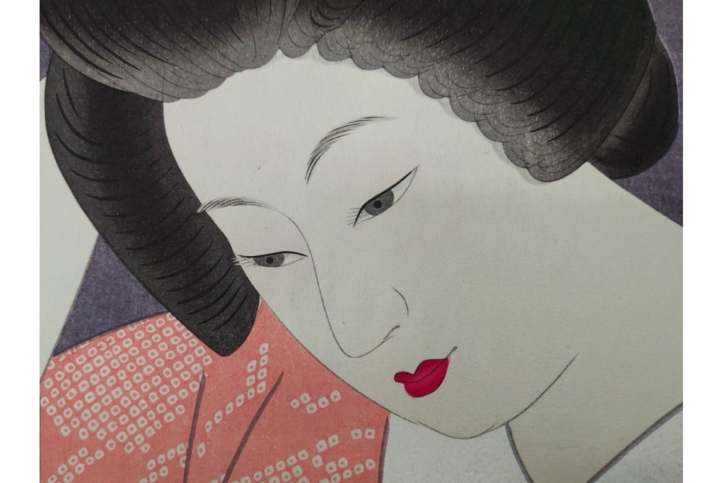 真作　昭和55年6月作　神保朋世　「静夜」　うつむく女性を描いた木版画　(R-091393)