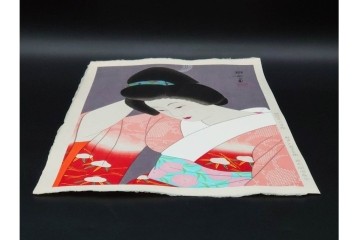 真作　昭和55年6月作　神保朋世　「静夜」　うつむく女性を描いた木版画　(R-091393)