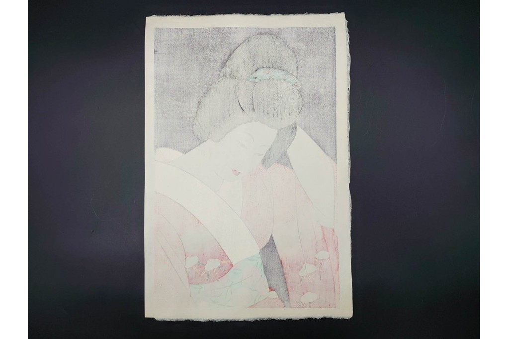 真作　昭和55年6月作　神保朋世　「静夜」　うつむく女性を描いた木版画　(R-091393)