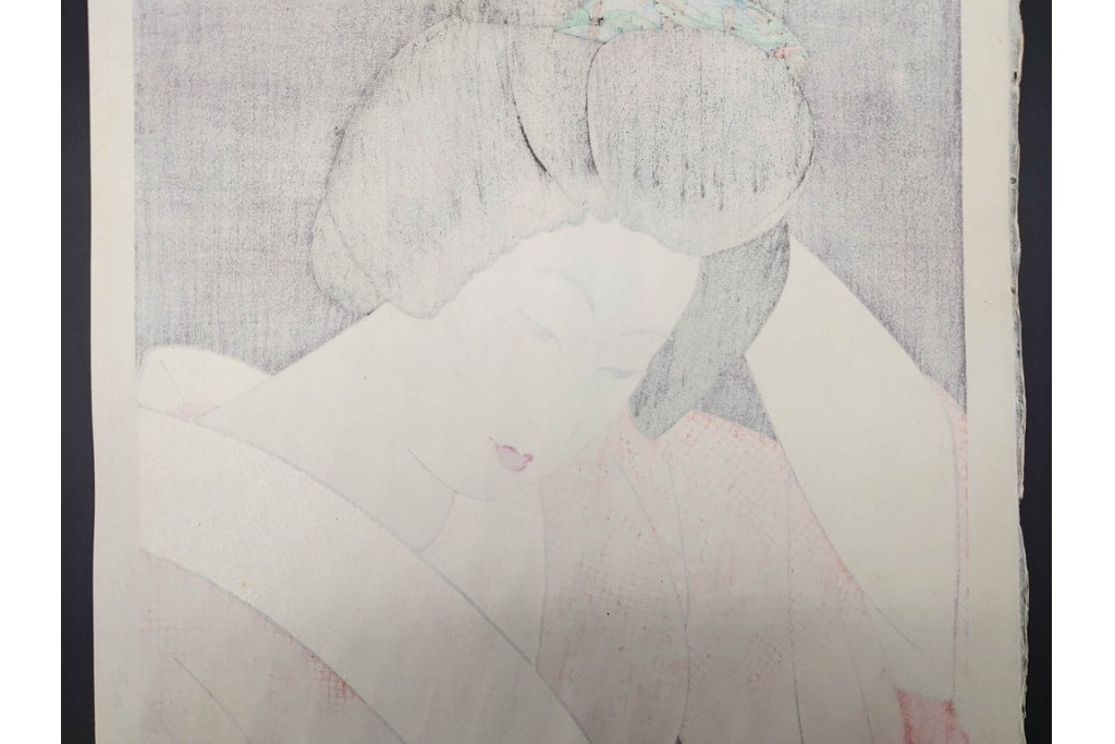 真作　昭和55年6月作　神保朋世　「静夜」　うつむく女性を描いた木版画　(R-091393)